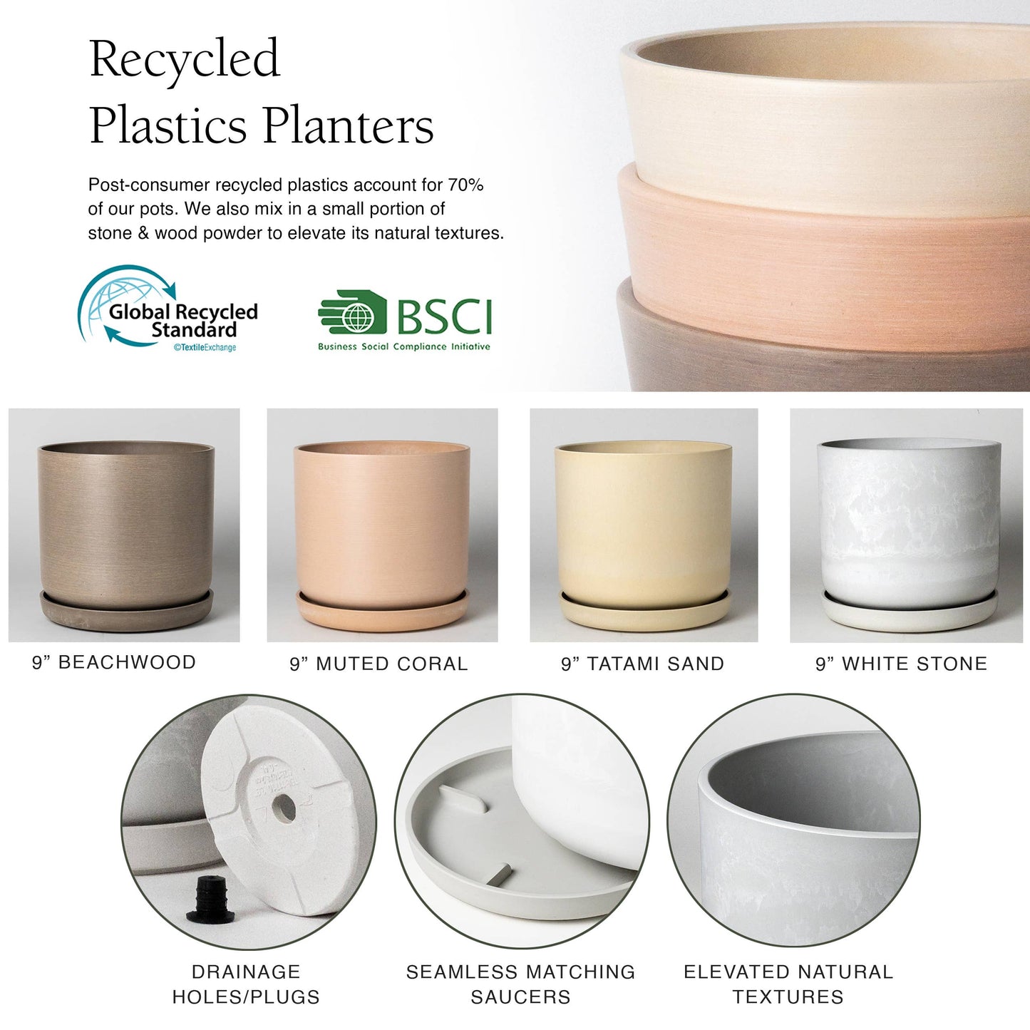 9” Signature Stone Planter & Saucer | Earth Tones: Beachwood